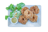 Fototapeta Most - Top view of Deep fried shrimp cake on white plate Thai food, focus selective