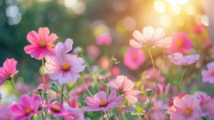 Wall Mural - Blooming beautiful pink cosmos flower in the garden