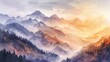 Capture the serenity of a morning mountain view in a traditional watercolor style Show delicate gradients of dawn breaking over rugged peaks
