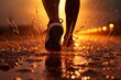Close up foot person running on the runway at sunset, just finished raining 