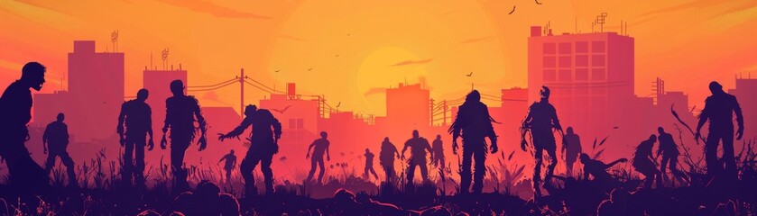 Fototapeta zombie apocalypse scene in 2d vector style, featuring multiple zombies in a desolate urban setting, great for game backgrounds