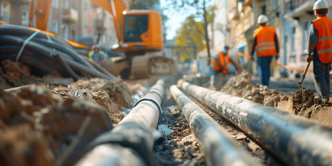 Workers install underground pipes for water, sewerage electricity and fiber optics for the population of an urban center. Construction of drinking water plumbing pipeline repair in winter time concept