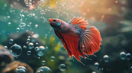 Wall Mural - A close-up of a Betta fish blowing bubbles at the water's surface, its playful behavior adding charm and personality to its aquatic home.