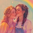 Un par de lindas chicas enamoradas, debajo de un hermoso arcoíris