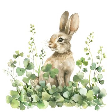 A single gentle watercolor clipart of a rabbit in a patch of boho-patterned clovers