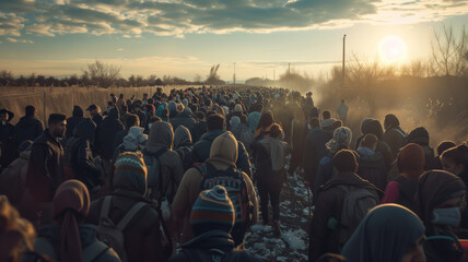 A large crowd of men, women and children crosses the border. In the background, you can see the sun setting. A refugee camp