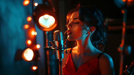 Side view of young female singer with standing against bright orange light while singing song on microphone condenser during rehearsal in professional recording studio