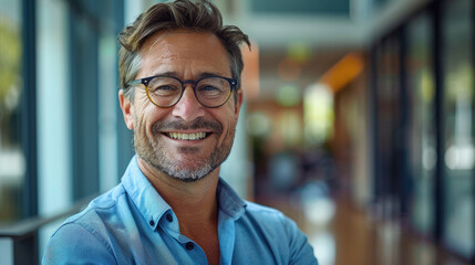 Poster - Optimistic professional businessman in business casual wear with glasses, looking at camera with charming smile in blurred modern office room with natural light