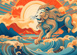 Illustration of a lion on a mountain with the sun and mountain  ,sea,sky chinese style
