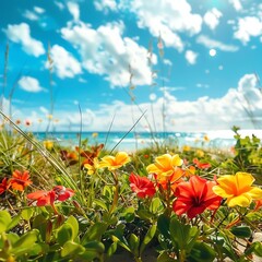 Sandy beach with tropical flowers, bright summer sky, eye-level view, high contrast