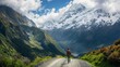 © Plaifah - A hiker pausing to admire the view from a mountain road, with snow-capped peaks and lush valleys stretching out in all directions.
