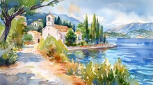 Mediterranean Bliss, Watercolor Landscape Of Coastal Village