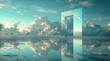 
A large rectangular mirror reflecting the sky with clouds, creating an illusion of infinite space and reflection. A surreal landscape in the style of digital art.