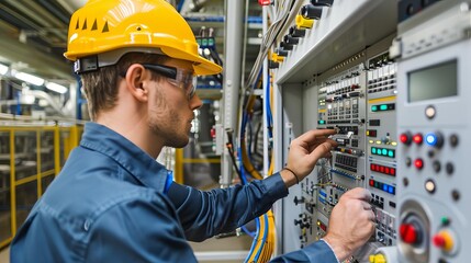 Electrical engineer working on a control panel in a factory