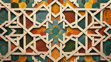 Intricate geometric patterns on a colorful tiled wall