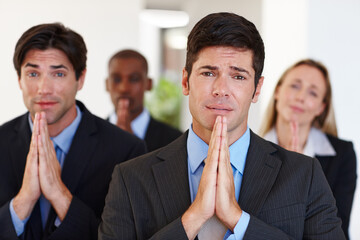 Wall Mural - Business people, praying and team portrait with hope for help in company to finish professional project. Colleague or coworker with hand together for wish, begging or pray for opportunity or support