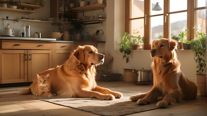 Wall Mural - In a quaint kitchen, a golden retriever and an orange tabby cat are seated together, their furry forms bathed in warm sunlight streaming through a window. The golden retriever lounges on the floor, it