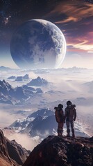 Illustrate a whimsical scene of two explorers sharing a tender moment on an alien planet, surrounded by surreal landscapes and celestial wonders Use CG 3D rendering for a blend of realism and fantasy