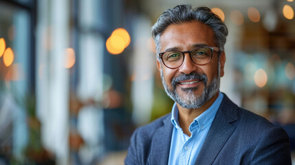 Wall Mural - Successful Indian businessman in casual suit and glasses smiles kindly at the camera in a bright office