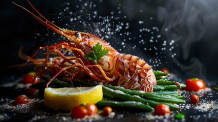 Chef preparing sea food, praying mantis shrimp with lemon and hot pepper and green beans, East Asian cuisine, dilikates, vegetarian