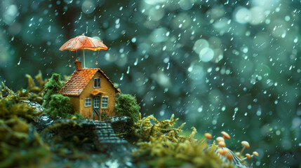 home miniature with rain and umbrella on green grass, Real estate property insurance concept