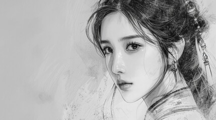 Realistic black and white sketch of a beautiful chinese female, Facial features