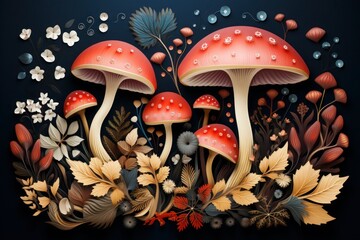 Wall Mural - There are many mushrooms that are growing out of the ground generative ai