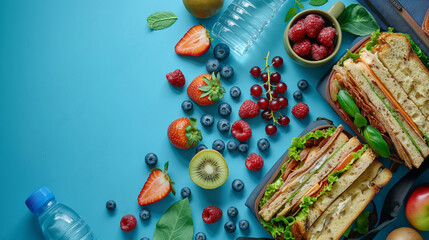 A nourishing school break scene from above, displaying a lunchbox with sandwiches accompanied by fruits, berries, water bottle and rucksack on blue isolated backdrop, perfect for text or advertising.