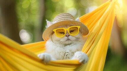 Wall Mural - Funny white cat in a straw hat and yellow glasses resting in a yellow fabric hammock