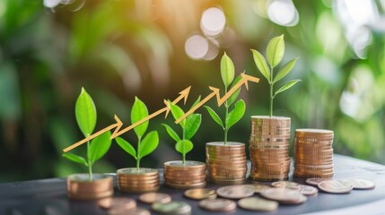 Poster - Growing money,finance and investment. Seedling are growing with business arrow of growth.Young plants on coin stacks increase. Concept of business growth,profit, development and success.