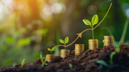 Poster - Growing money,finance and investment. Seedling are growing with business arrow of growth.Young plants on coin stacks increase. Concept of business growth,profit, development and success.