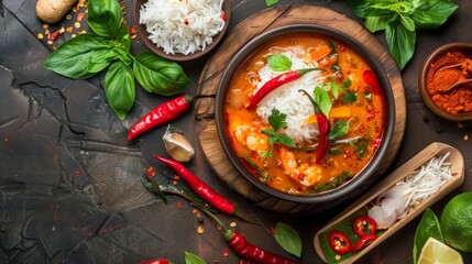 Sticker - Spicy red curry on bowl and curry paste with jasmine rice on wooden cutting board rounded thai local herb