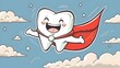 Heroic Tooth Superhero Soaring Through Whimsical Skies Symbolizing Healthy Dental Strength and Resilience