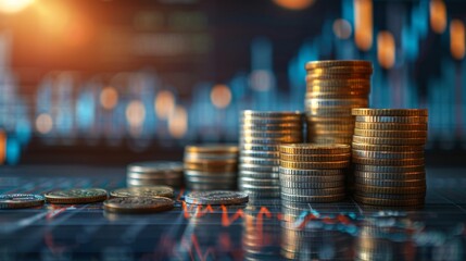 Poster - Stack of money coin with trading graph, financial investment concept use for background