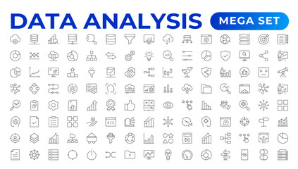 Data analytics icon set. Big data analysis technology symbol. Containing database,computing and network icons. Solid icons vector collection.Data line Analytics, AI, hosting, monitoring. outline icon