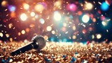 Fototapeta Perspektywa 3d - 'Light Stage Microphone confetti party blurred music song contest eurovision close background night golden sco Bokeh concert ball Retro disco gold eurovis'