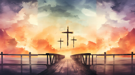 Wall Mural - Silhouette of cross against sky at sunset symbolizes bridge between humanity and God in Christian faith, reminding believers of holy presence of Jesus Christ and religious belief and faith.