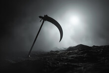 A Single Battle Scythe, Its Silhouette Sharp Against The Backdrop Of White, A Silent Sentinel In The Darkness.