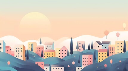 Wall Mural - Vector illustration in simple minimal geometric flat style - city landscape with buildings, hills and trees - abstract horizontal banner and background with copy space for text