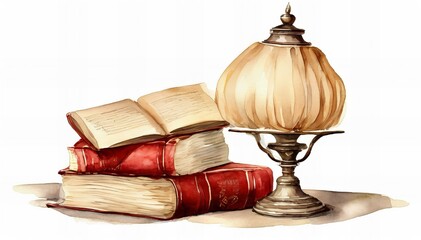 Clipart, lamp and book on a white background, 18th century, background white, juicy, beige red, beautiful, color drawing of details computer graphics, clear outline, high resolution 