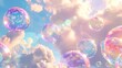 Pastel-colored clouds and soap bubbles painted in rainbow hues form the background in the sky.