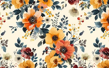 Wall Mural - Seamless design. Abstract colorful flower bouquet on cream color background.