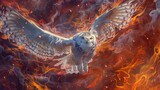 Fototapeta  - Majestic Snowy Owl Soaring over Fiery Inferno – A Mesmerizing Contrast.