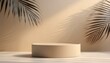 Tropical Elegance: Realistic Beige Cylinder 3D Podium Pedestal with Palm Tropical Leaves Shadow Wall Background