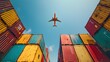 A cargo plane flies over colorful shipping containers stacked in the background, representing global trade and container transport. 