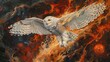 Majestic Snowy Owl Soaring over Fiery Inferno – A Mesmerizing Contrast.