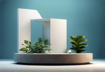 Wall Mural - 'podium leaves nature splay product background Stone 3D rendering blue poduim dais cosmetic display leaf tree branch plant colours racked three-dimensional natural show'