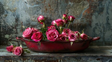 Poster - A stunning arrangement of vibrant pink roses sits elegantly in a crimson cast iron pan against a rustic gray stone backdrop bathed in natural light near the window The space is perfect for 