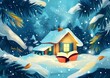 Enchanted Winter Cabin with Warm Light and Magical Open Book Illustration.