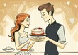 Romantic Couple Enjoying Homemade Cake in Retro Diner Illustration